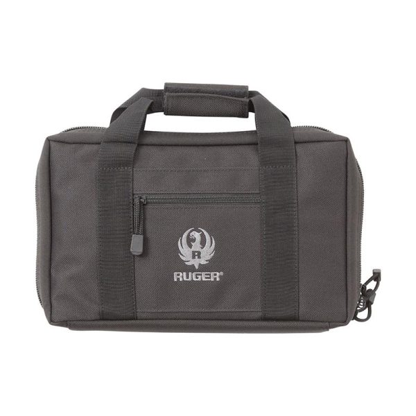 Gray ruger firearm and ammo bag with black handles and a front zipper pocket, featuring the ruger logo in white.