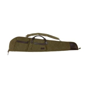 Olive green rifle bag with quilted pattern, black leather detailing, two pockets, and a shoulder strap; ideal for firearms storage, Casey Iowa.