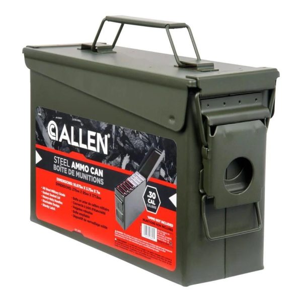 Olive green steel ammo can with a red label, marked "allen" and "30 cal" for firearms storage, featuring a handle and latch.