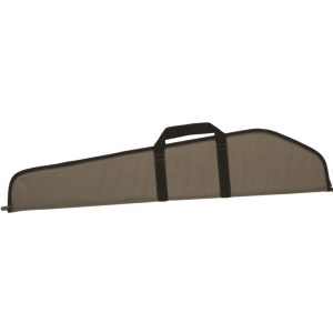 Olive green gun case with black handles and trim.