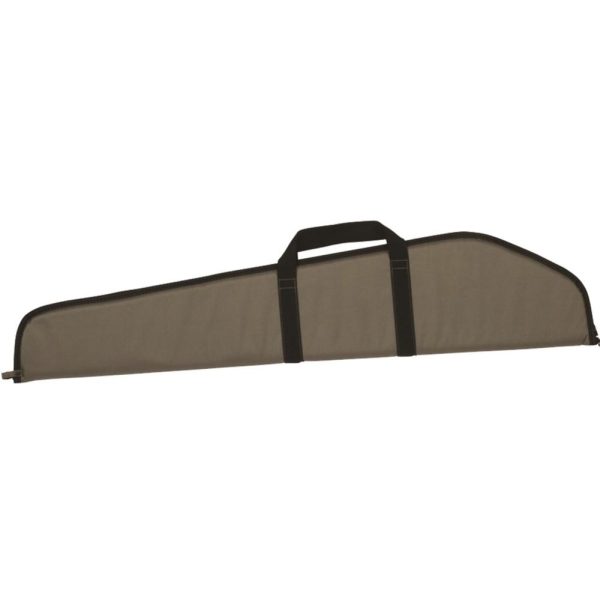 Olive green gun case with black handles and trim.