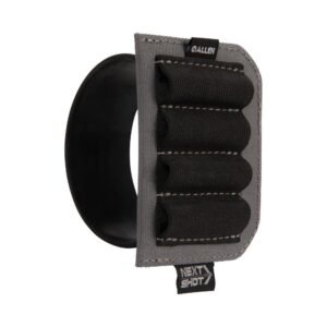 Gray and black ammo holder with elastic loops and black trim, featuring "next shot" and "allen" tags.