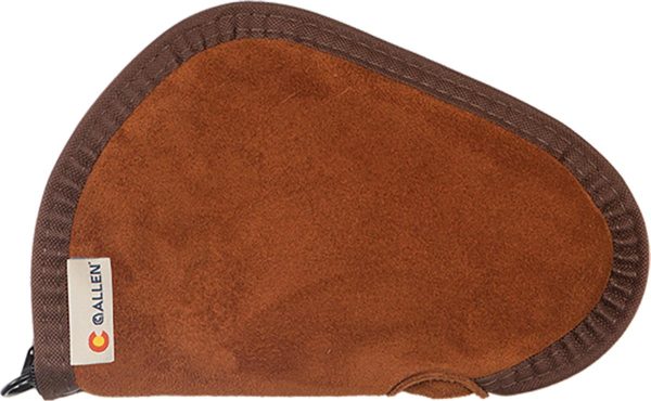 Brown suede gun case with dark brown fabric trim, featuring the allen logo on a tag.
