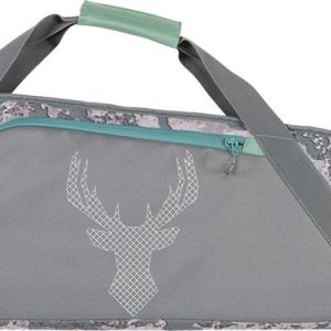 Camouflage firearm bag with a gray and teal color scheme, featuring a "Girls with Guns" logo and a stylized deer design.