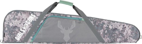 Camouflage firearm bag with a gray and teal color scheme, featuring a "girls with guns" logo and a stylized deer design.