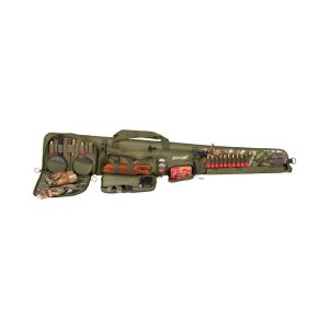 Green tactical gun case with compartments for firearms, ammo, and accessories, features camouflage accents and various pouches, set against a white background.