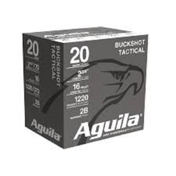 Gray box of aguila buckshot tactical 20-gauge shotgun shells with eagle design.