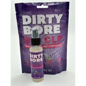 Lavender-scented "Dirty Bore Bio CLP" gun cleaner and lubricant in a clear spray bottle with black cap, in front of a matching purple packaging.