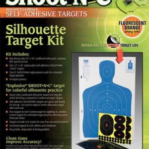 Shoot-N-C Silhouette Target Kit packaging with green and orange accents, highlighting self-adhesive targets and fluorescent orange aiming point.