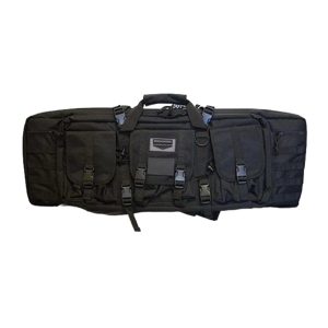 Black tactical gun bag with multiple compartments and buckles, designed for firearms and ammo storage, associated with Casey, Iowa.