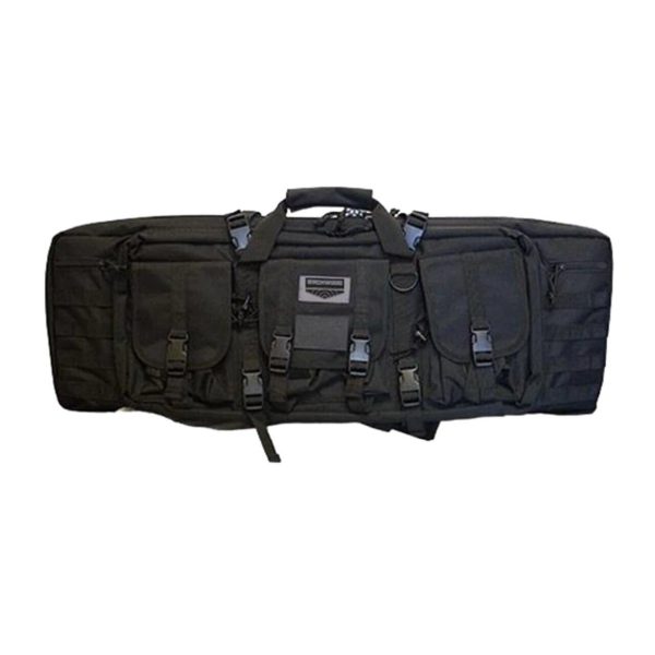 Black tactical gun bag with multiple compartments and buckles, designed for firearms and ammo storage, associated with casey, iowa.