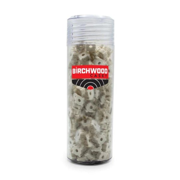 Clear plastic cylinder containing white gun cleaning patches labeled "birchwood casey" with a black and red target design.