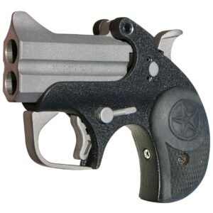 A close-up of a two-barrel silver and black handgun with a star emblem on the grip.