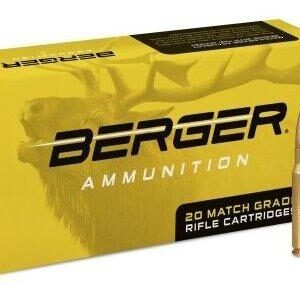 Yellow box of berger ammunition with two rifle cartridges standing upright, featuring "20 match grade rifle cartridges" text.