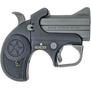 A compact black and silver handgun labeled "backup patented 45 acp" with a star emblem on the grip and serial number 382966, related to firearms, guns, ammo, bag, casey iowa.