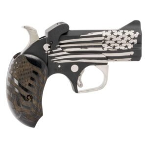 Black and silver handgun with american flag design on the barrel and grip, associated with firearms, guns, ammo, casey iowa.