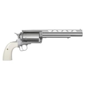 Stainless steel revolver with a polished metal finish and ivory-colored grips.