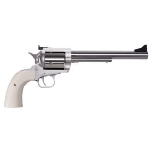 Silver revolver with a long barrel and ivory-colored grip.