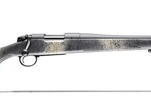 Bolt-action rifle with a gray and black marble pattern stock and a matte silver barrel.