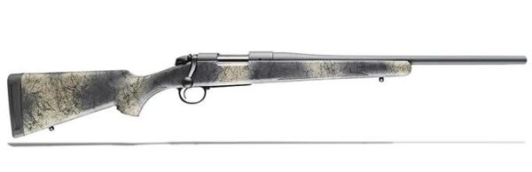 Bolt-action rifle with a gray and black marble pattern stock and a matte silver barrel.