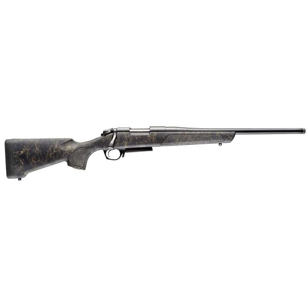 Black rifle with gold marbling accents, featuring a synthetic stock and a long barrel, against a white background.