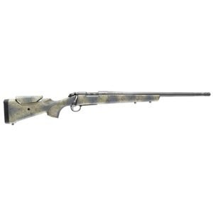 A camouflaged bolt-action rifle with a long barrel and detailed texture.