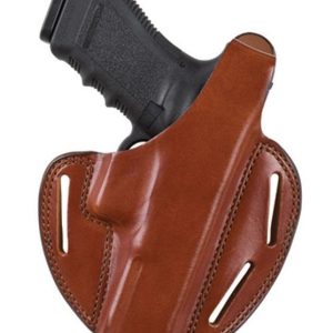 Brown leather gun holster with a black pistol inside.