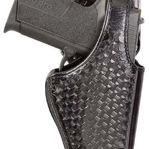 Black Sig P365 handgun in a textured black leather holster.