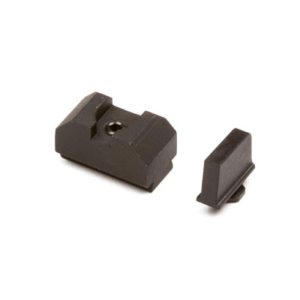Black firearm sights on a white background.