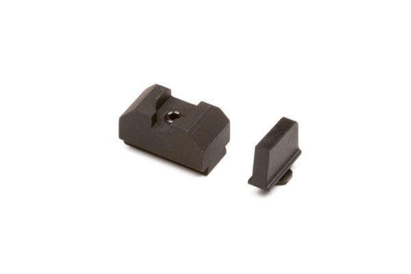 Black firearm sights on a white background.