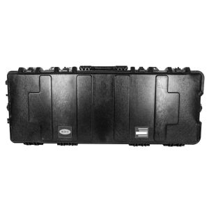 Black hard-shell gun case with textured surface and labels, ideal for firearms and ammunition storage, related to Casey, Iowa.
