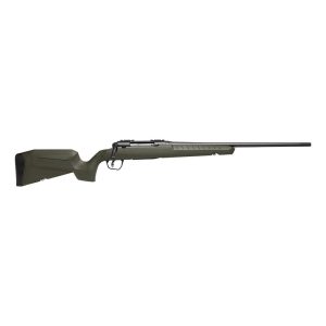 Bolt-action rifle with an olive-green stock and a black barrel, isolated on a white background.