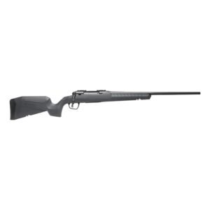 A black bolt-action rifle with a textured dark gray stock.