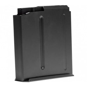 Black metal firearm magazine, angled view, isolated on white background.