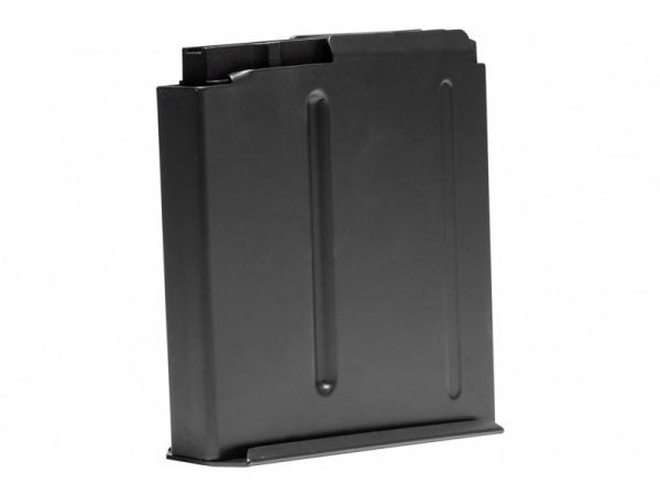 Black metal firearm magazine, angled view, isolated on white background.