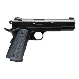 Black semi-automatic handgun with textured dark gray grips, set against a white background.