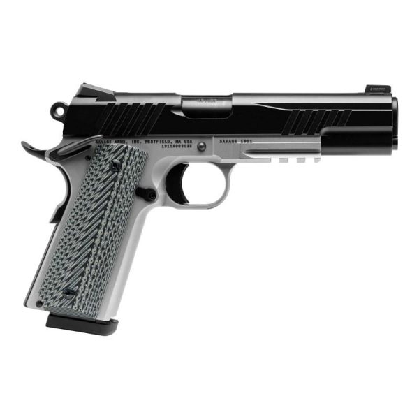 Silver and black handgun with textured gray-green grip, featuring the "savage arms" logo.