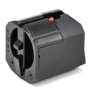 Black. 22 lr caliber firearm magazine with red follower, designed for ammunition use.