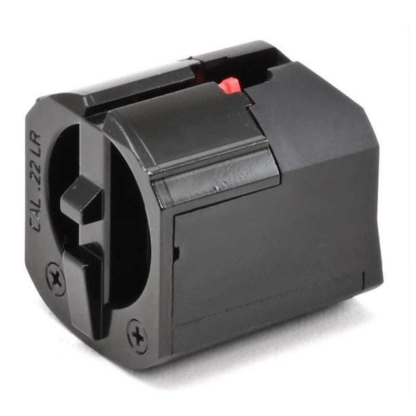 Black. 22 lr caliber firearm magazine with red follower, designed for ammunition use.