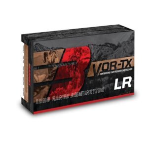 Barnes vor-tx long range ammunition box with black, red, and tan design, featuring wildlife and hunter imagery.