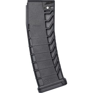 Black cmmg 9mm magazine with textured surface and angled design.