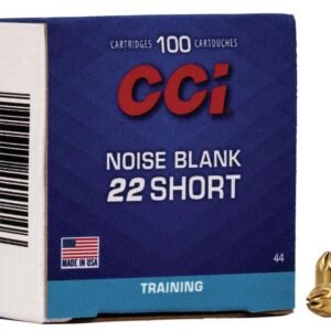 Box of cci noise blanks. 22 short with two brass cartridges next to it, featuring blue packaging with red and white text, and an american flag indicating "made in usa. "