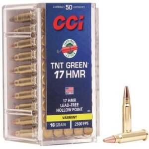 Box of cci tnt green 17 hmr ammunition with a blue label, showing 50 lead-free hollow point cartridges and two bullets in front.