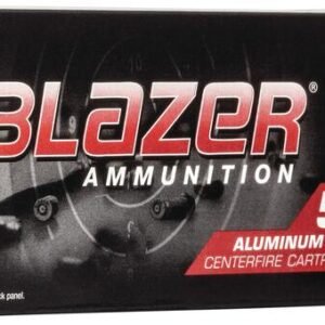 Blazer ammunition 50-round box with two bullets displayed, featuring black and red packaging, marked "38 special+p 158 gr fmj," labeled "aluminum case centerfire cartridges," associated with firearms, guns, ammo, and casey, iowa.