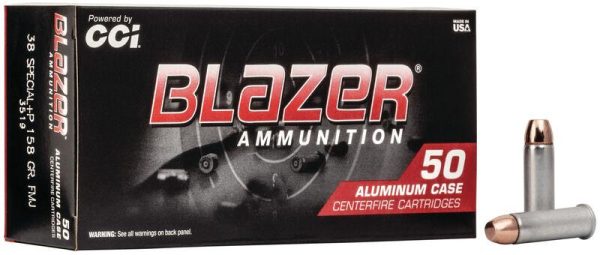 Blazer ammunition 50-round box with two bullets displayed, featuring black and red packaging, marked "38 special+p 158 gr fmj," labeled "aluminum case centerfire cartridges," associated with firearms, guns, ammo, and casey, iowa.