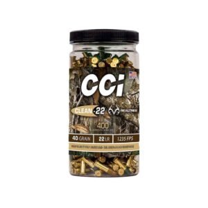 Cci clean-22 realtree ammunition container with 400 brass cartridges, 40 grain, 22 lr, 1235 fps, featuring camouflage design and black lid.