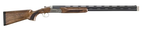 Shotgun with wooden stock and black barrels, silver receiver, emphasizing detail and craftsmanship. Keywords: firearms, guns, ammo, bag, iowa, casey iowa.