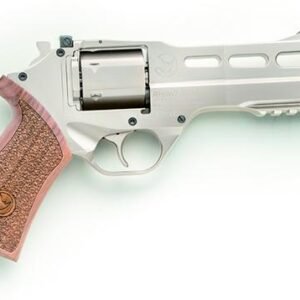 A silver revolver with a textured brown grip, featuring cutouts on the barrel and a modern design.