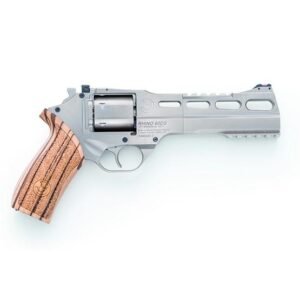 Silver revolver with a wooden grip, featuring distinctive diagonal vents on the barrel, labeled "rhino 60ds. "