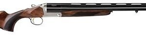 Shotgun with a polished wooden stock, silver metal frame, and long black barrel, representing firearms and guns associated with ammo in casey, iowa.